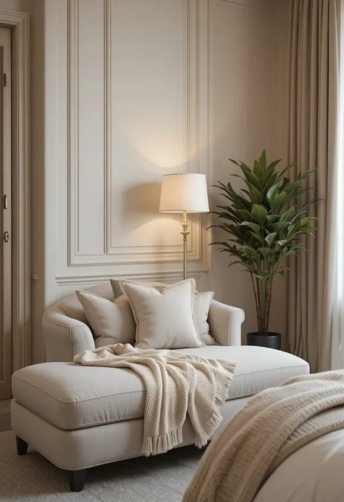 Elegant chaise lounge creating a relaxing seating area in a bedroom corner.