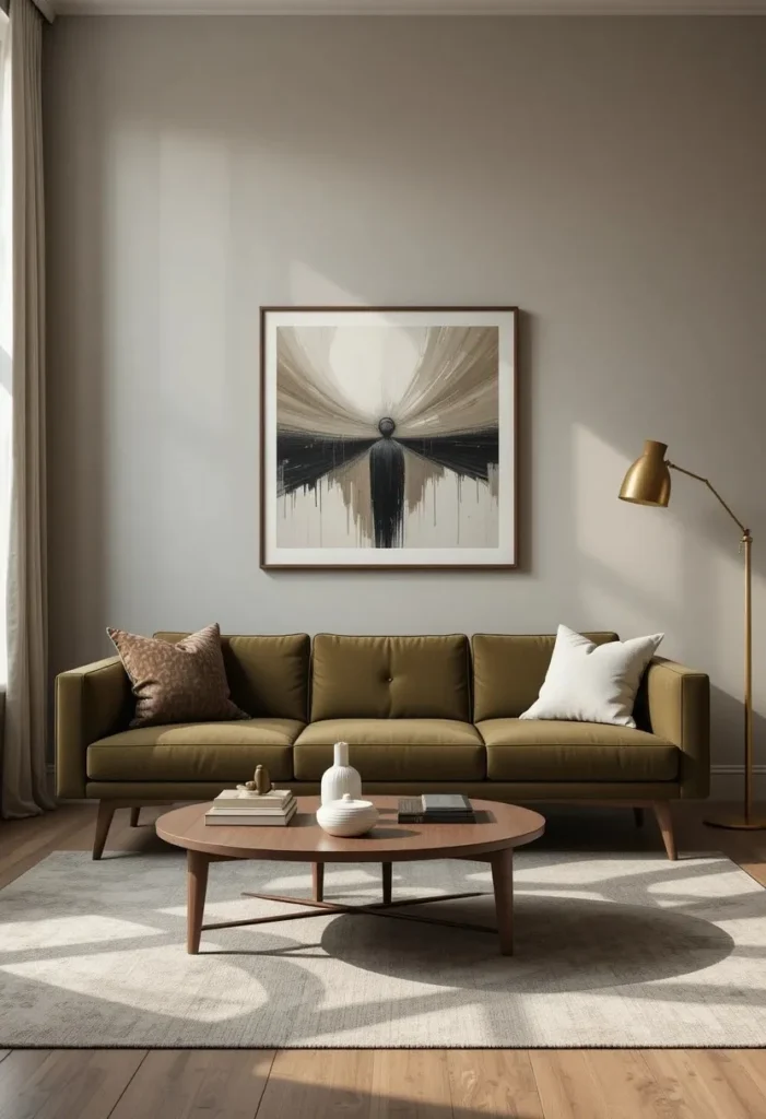 Low-profile sofa with clean lines creating a spacious retro-inspired living room.