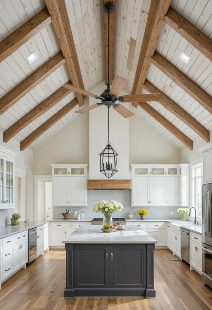 Vaulted ceiling kitchen featuring a stylish ceiling fan with wooden blades.