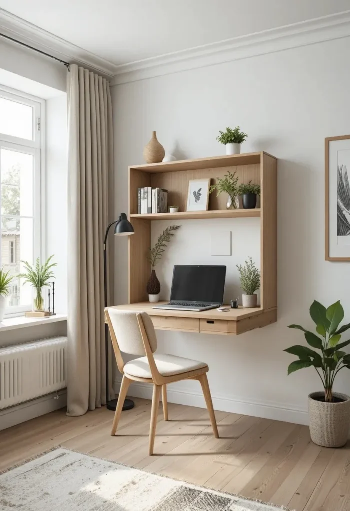 Foldable drop-leaf desk maximizing space in a small living room.
