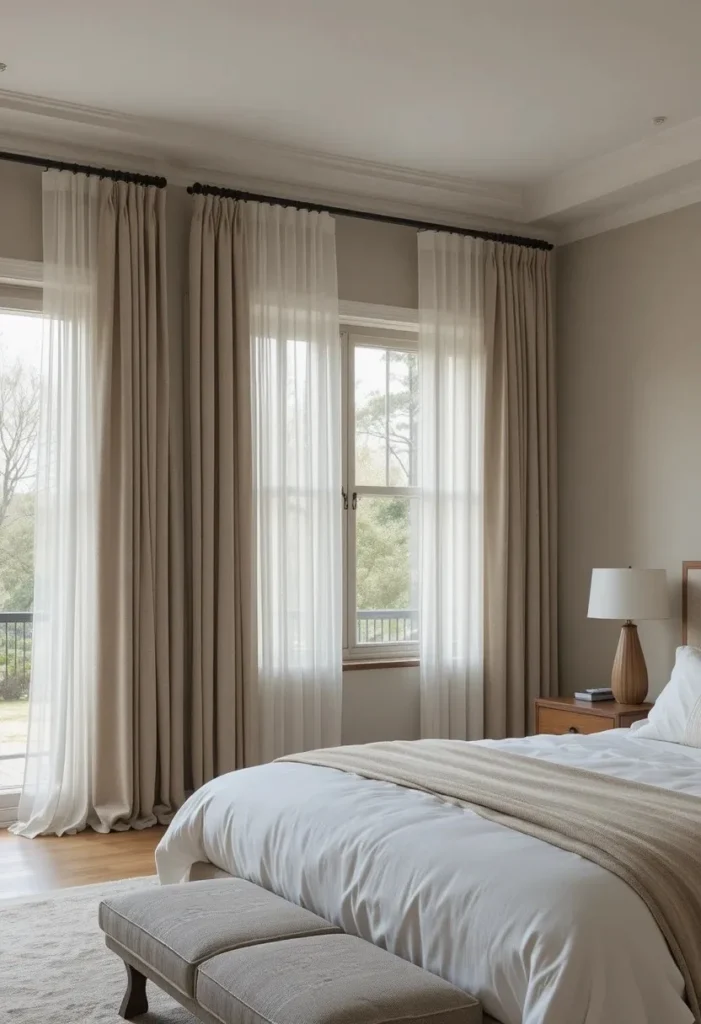 Layered sheer and linen curtains adding texture and versatility to a bedroom.