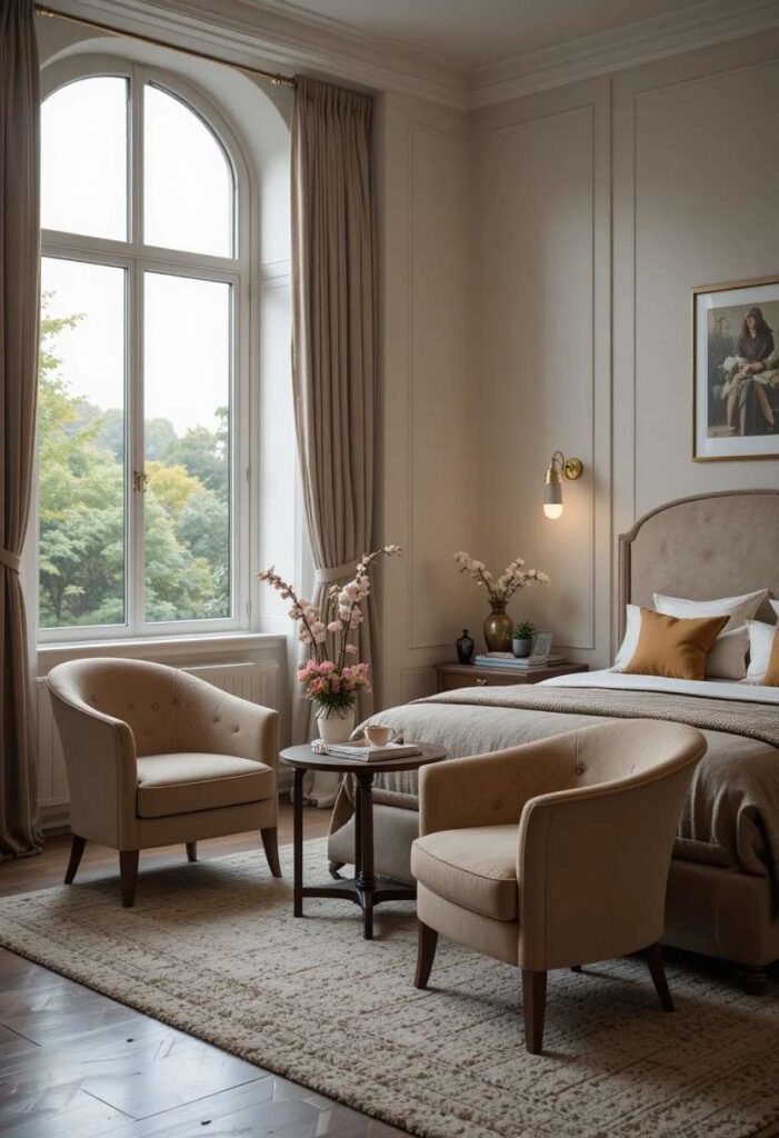Couples bedroom featuring two cozy reading chairs beside the window.
