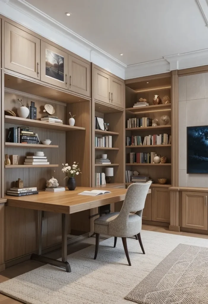 Built-in shelving transformed into a compact living room workspace.