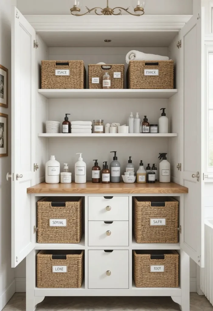 Woven storage baskets neatly organizing an under-sink cabinet.