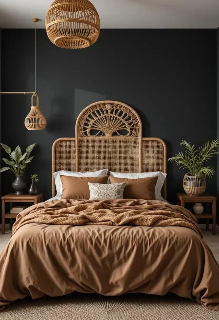 Woven rattan headboard softening a black and brown bedroom with natural texture.