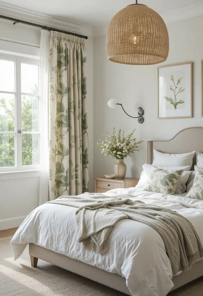 Botanical patterned curtains creating a focal point in a modern bedroom.
