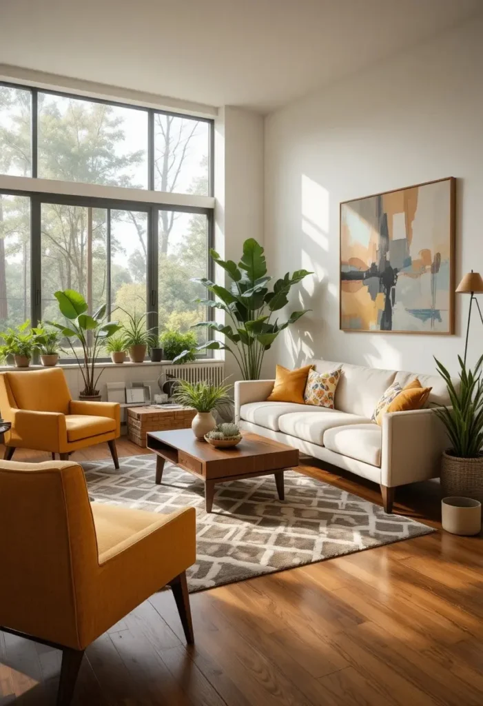 Mustard accent chair bringing bold retro color into a mid century modern living room.