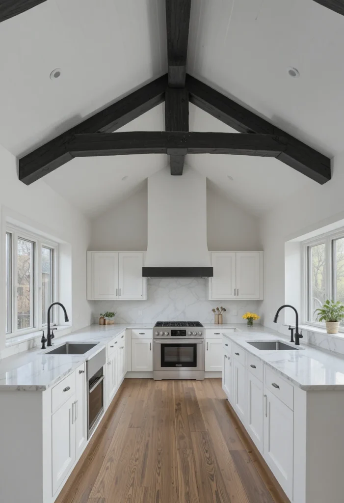 Dark ceiling beams adding bold architectural contrast to a vaulted kitchen.