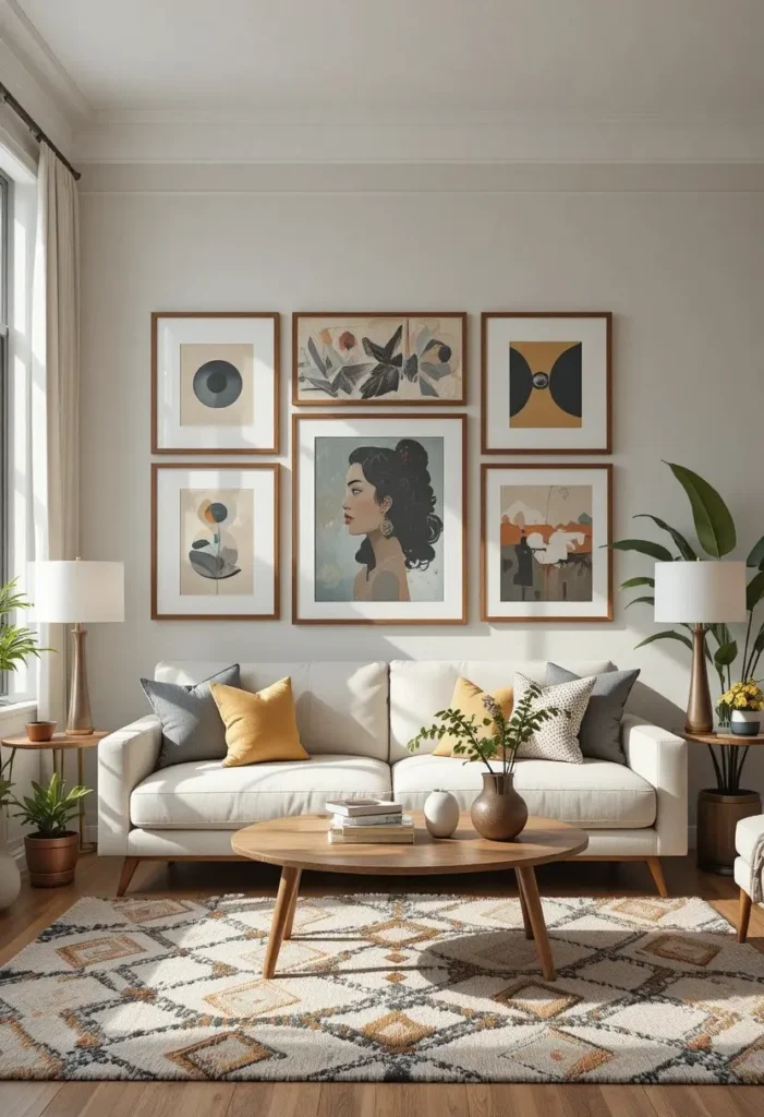 Gallery wall of abstract art enhancing a mid century modern living room.