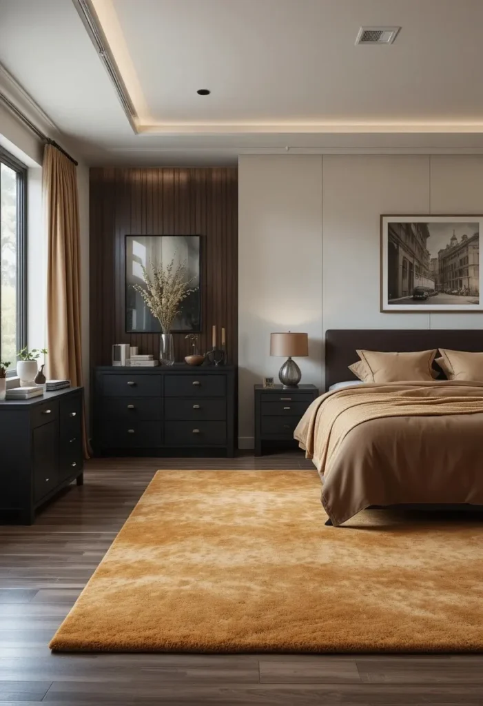 Warm caramel wool rug adding texture to a black and brown bedroom.