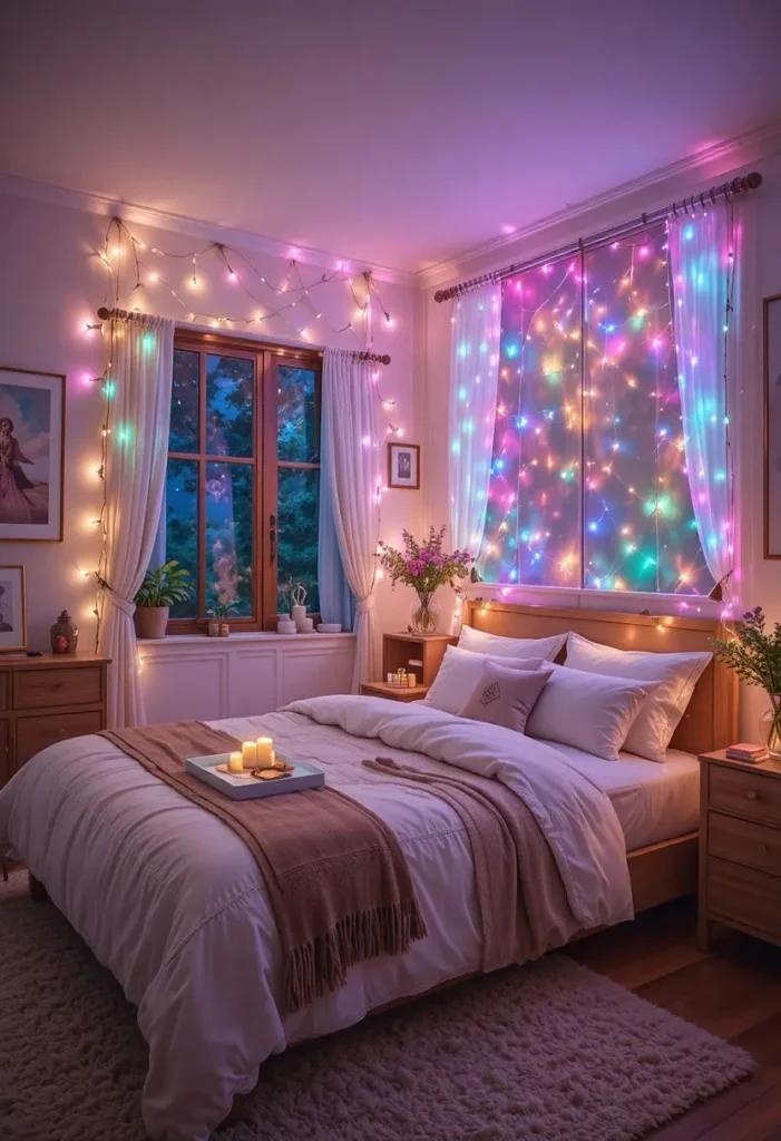 Rainbow string lights creating a warm and playful bedroom ambiance.