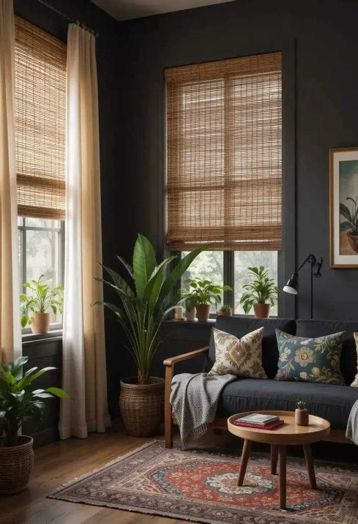 Natural fiber curtains softening sunlight in a dark boho living room.