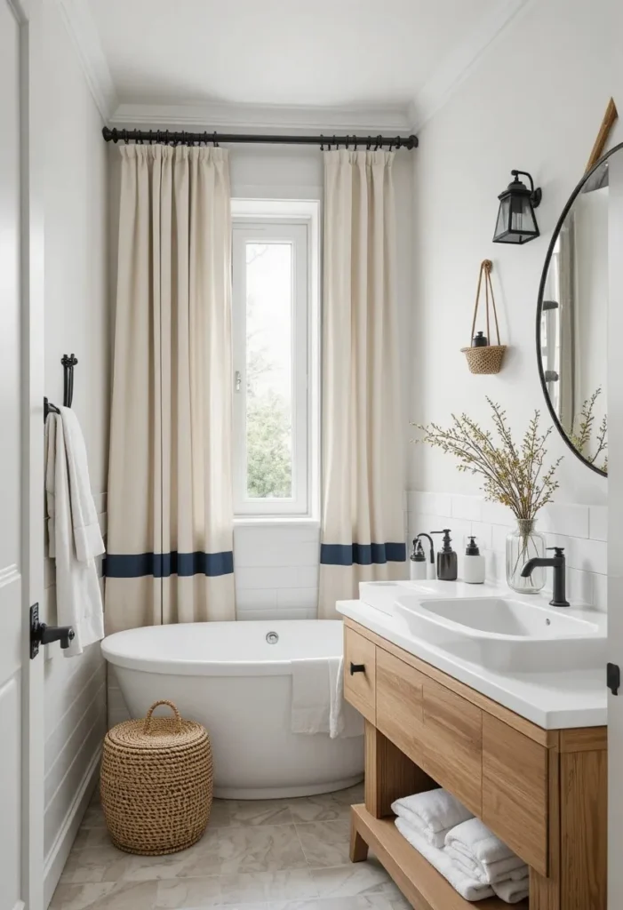 Neutral linen bathroom curtains with navy trim in a Scandinavian-style bathroom.