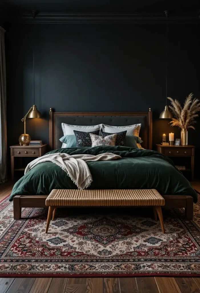 Forest green velvet bedding creating a luxurious dark boho bedroom.