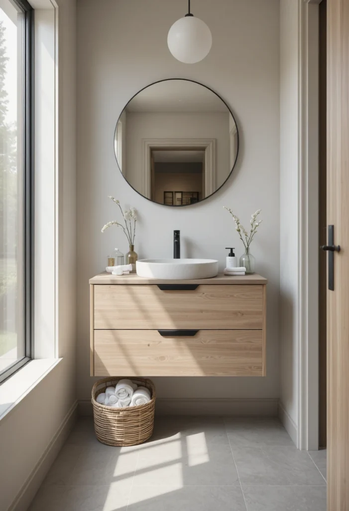 Floating vanity with basket storage in a small modern bathroom.