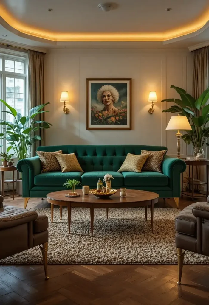Emerald velvet sofa creating a glamorous 70s-inspired living room.