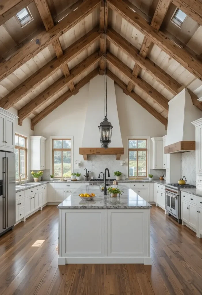 Vaulted ceiling kitchen showcasing exposed structural timber trusses.