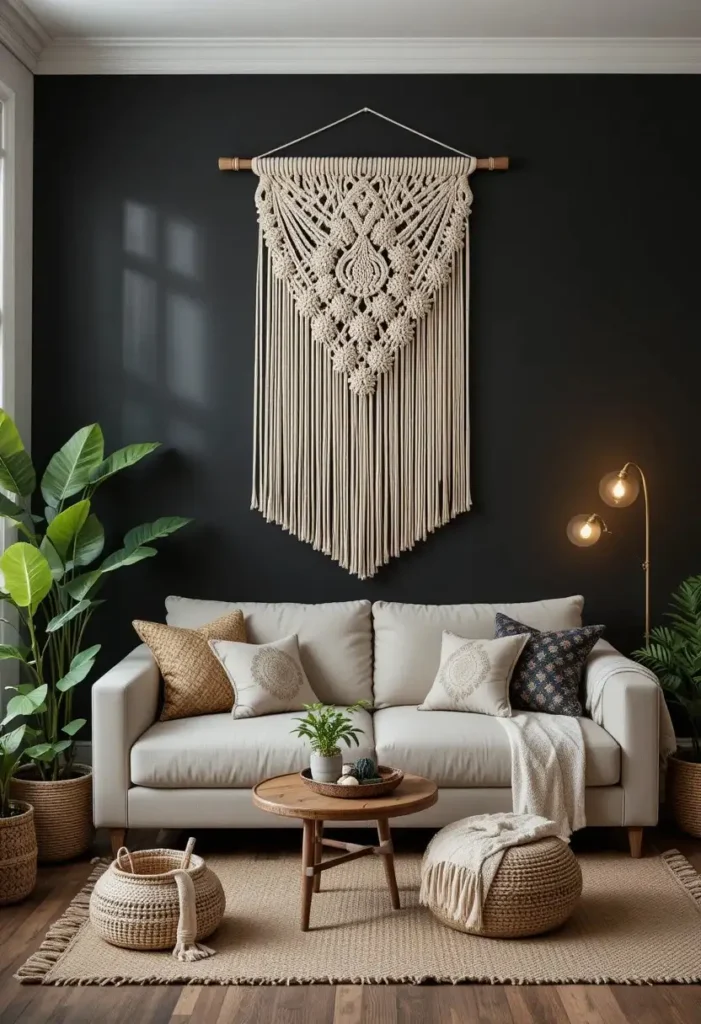 Cream macramé wall hanging creating contrast against dark boho walls.