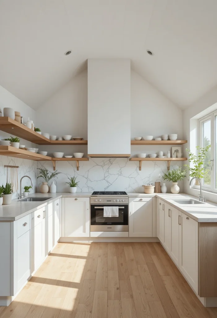 White vaulted kitchen accented with warm natural wood cabinetry and shelving.