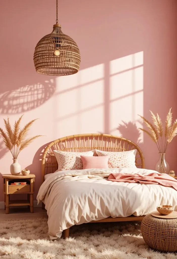 Rattan pendant light adding warmth and texture to a pink boho bedroom.