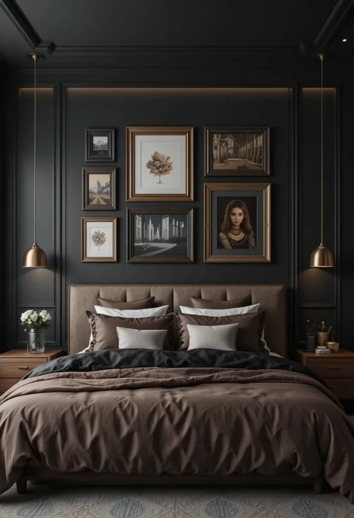 Gallery wall with black and wooden frames decorating a black and brown bedroom.
