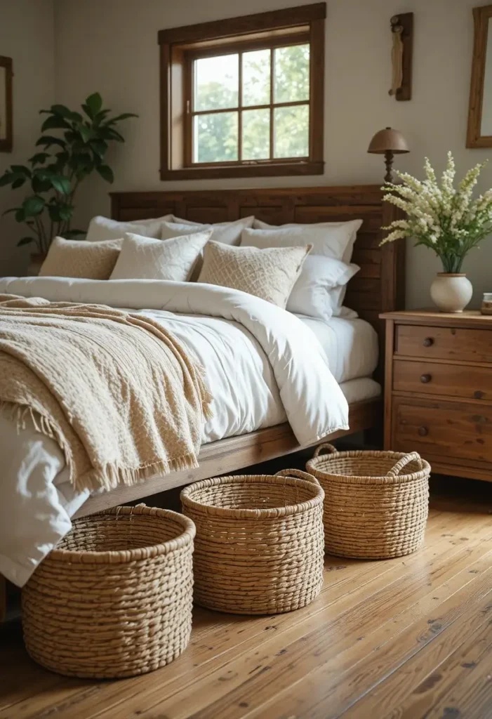 Woven basket storage adding organization and natural texture to a rustic bedroom.