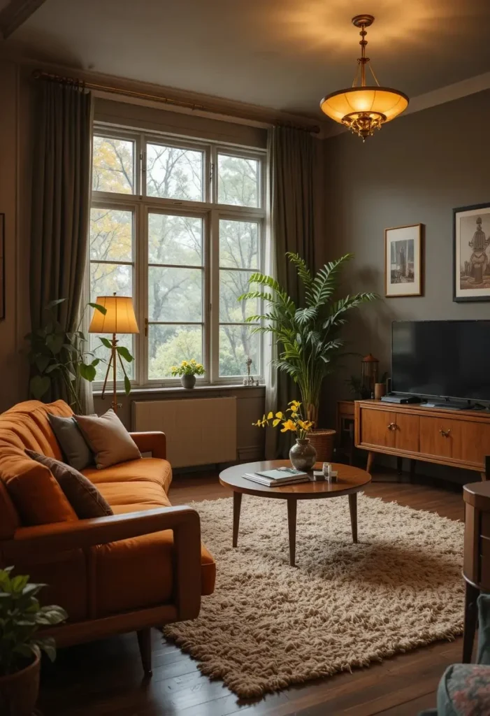 Mixed wood furniture adding warmth and texture to a 70s-inspired living room.