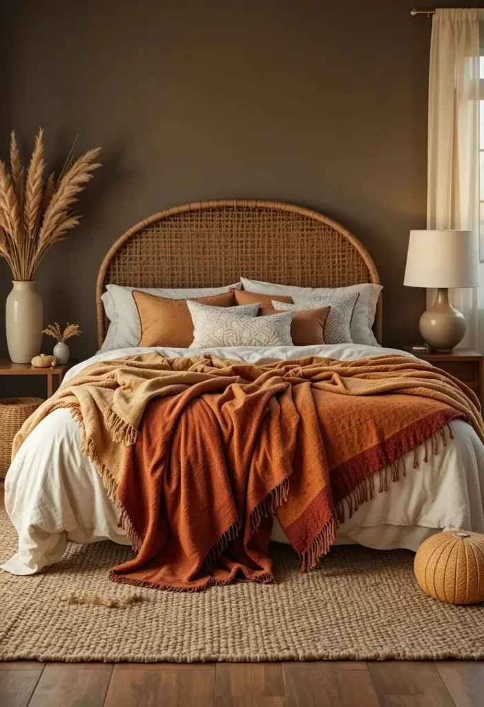 Layered rust and ochre throw blankets creating warmth in a dark boho bedroom.