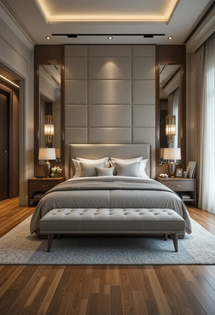 Padded bench placed at the foot of the bed in a stylish couples bedroom.