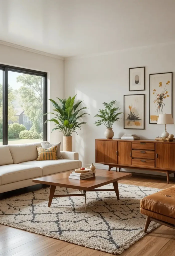 Warm walnut furniture defining a timeless mid century modern living room.