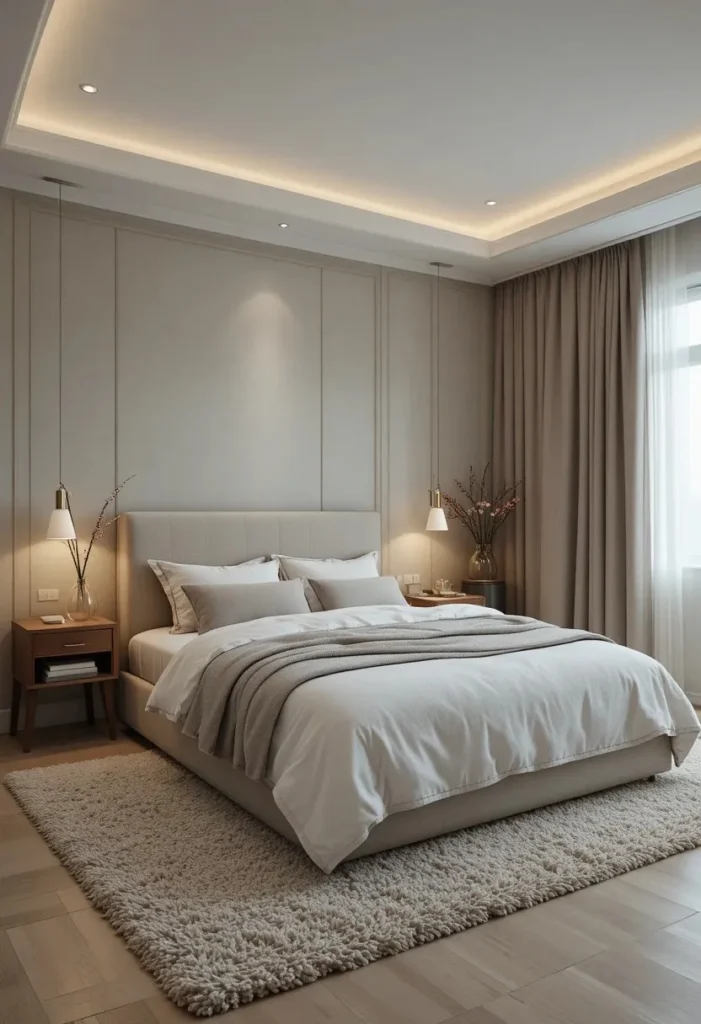 Modern couples bedroom featuring meaningful artwork as the focal point.
