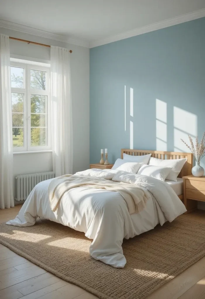 Soft sky blue accent wall creating a bright and peaceful bedroom retreat.