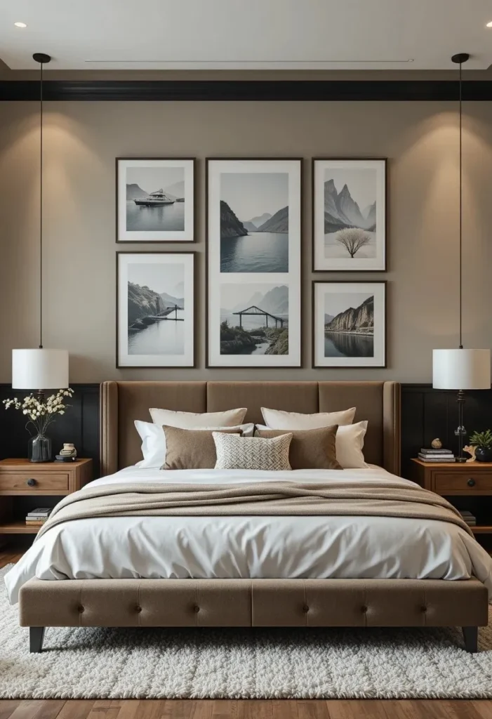 Couples bedroom with a stylish gallery wall above the bed featuring framed memories.