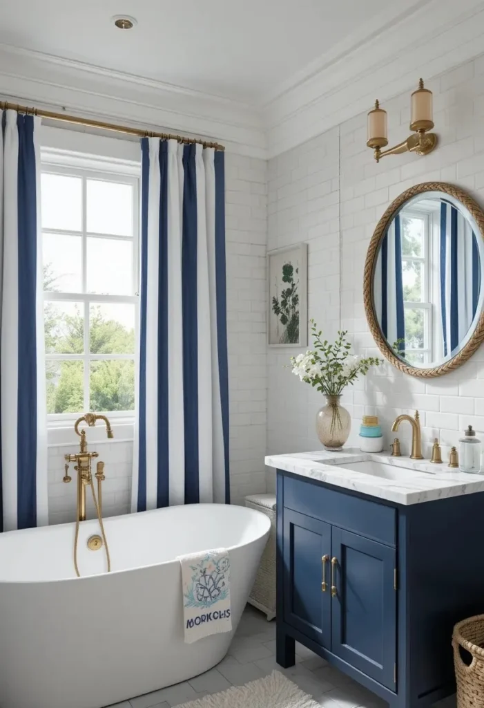 Navy and white striped bathroom curtains creating a bright coastal-inspired bathroom.