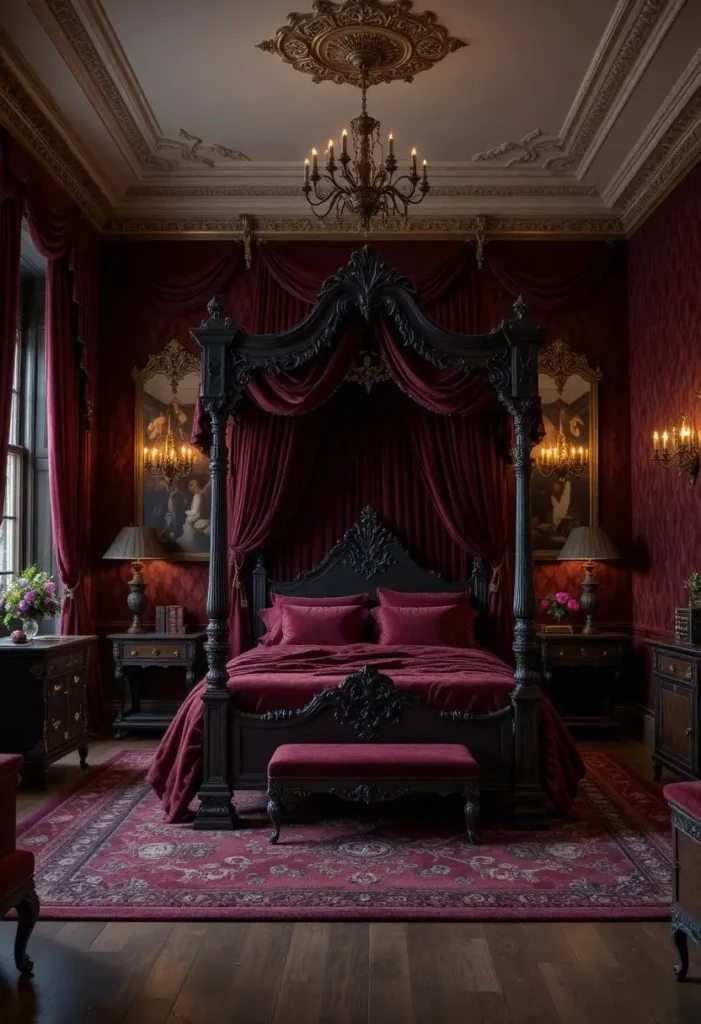 Velvet curtains and bedding adding rich texture to a vampire bedroom.