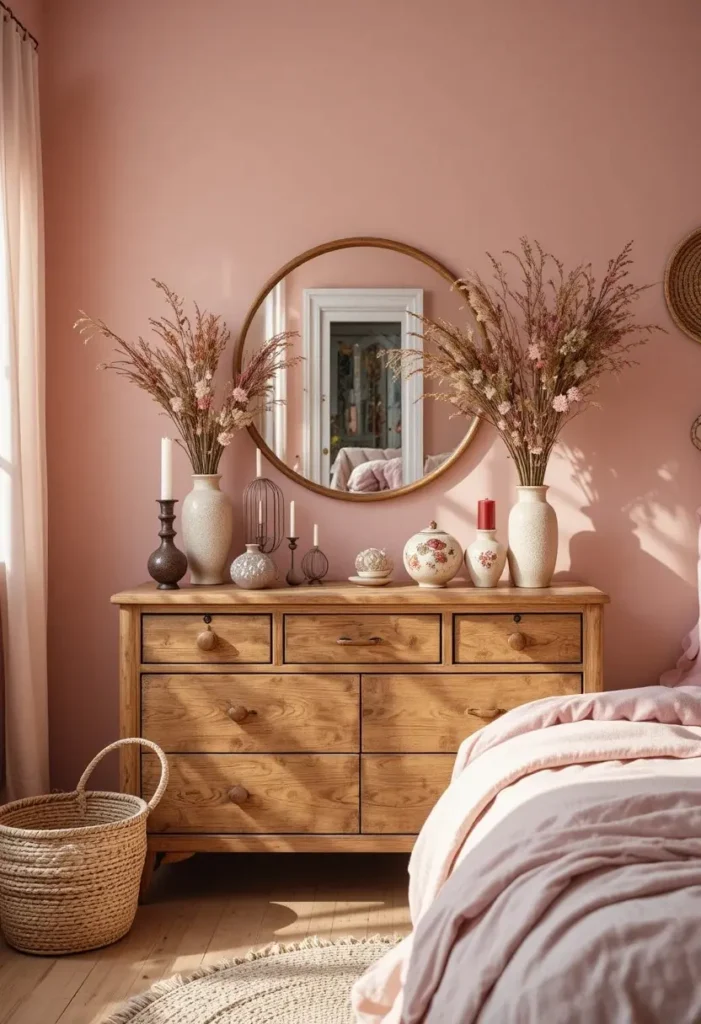Vintage wooden dresser adding warmth and character to a pink boho bedroom.