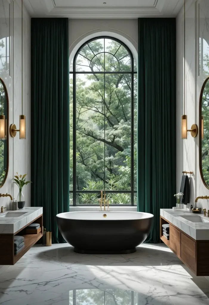 Dark green bathroom curtains creating a luxurious spa-inspired bathroom with dramatic style.
