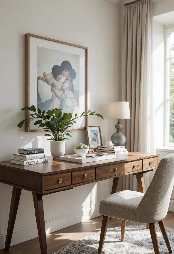 Living room desk styled with plants and decorative accessories for a cozy look.