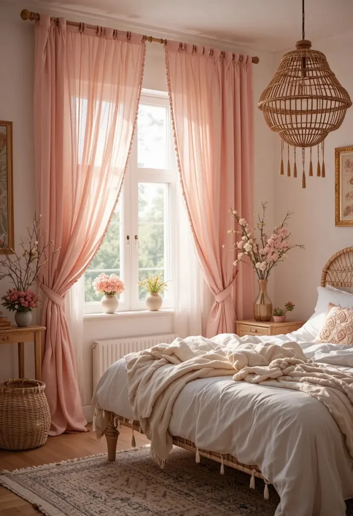 Blush tassel curtains creating a soft and airy pink boho bedroom.