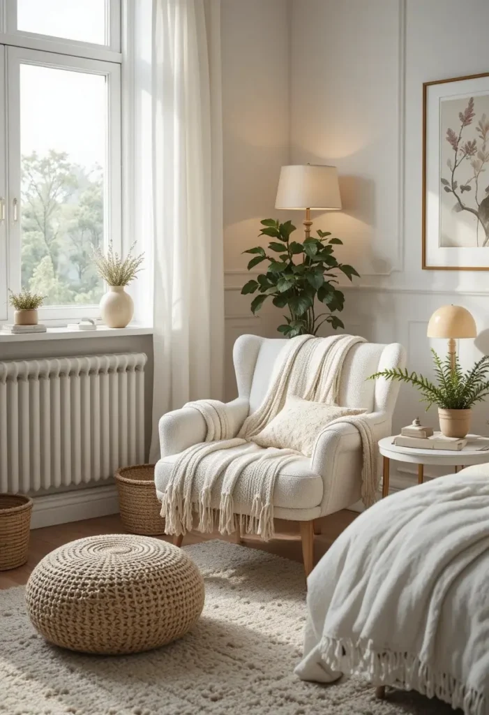 White accent chair creating a cozy reading nook in the bedroom.