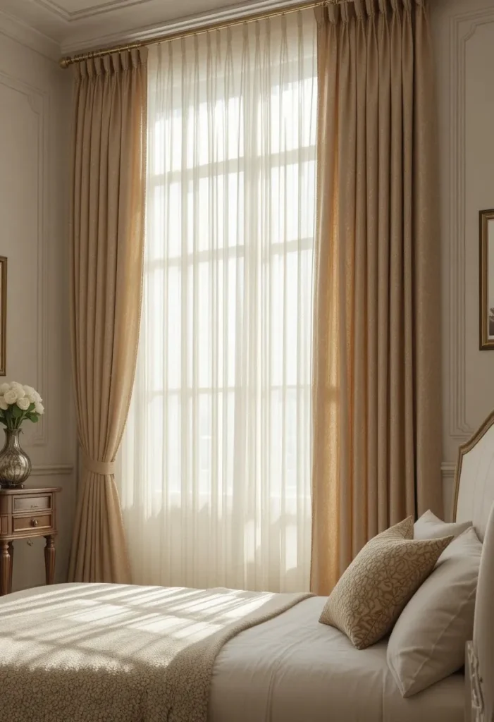 Sheer metallic curtains softly shimmering in a bright modern bedroom.