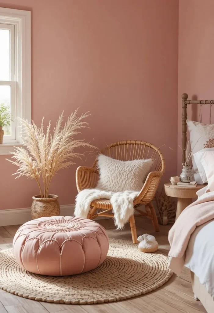 Blush woven pouf adding flexible seating to a pink boho bedroom.