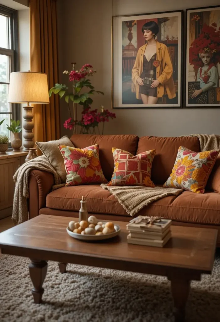 Patterned throw pillows adding colorful personality to a 70s living room.