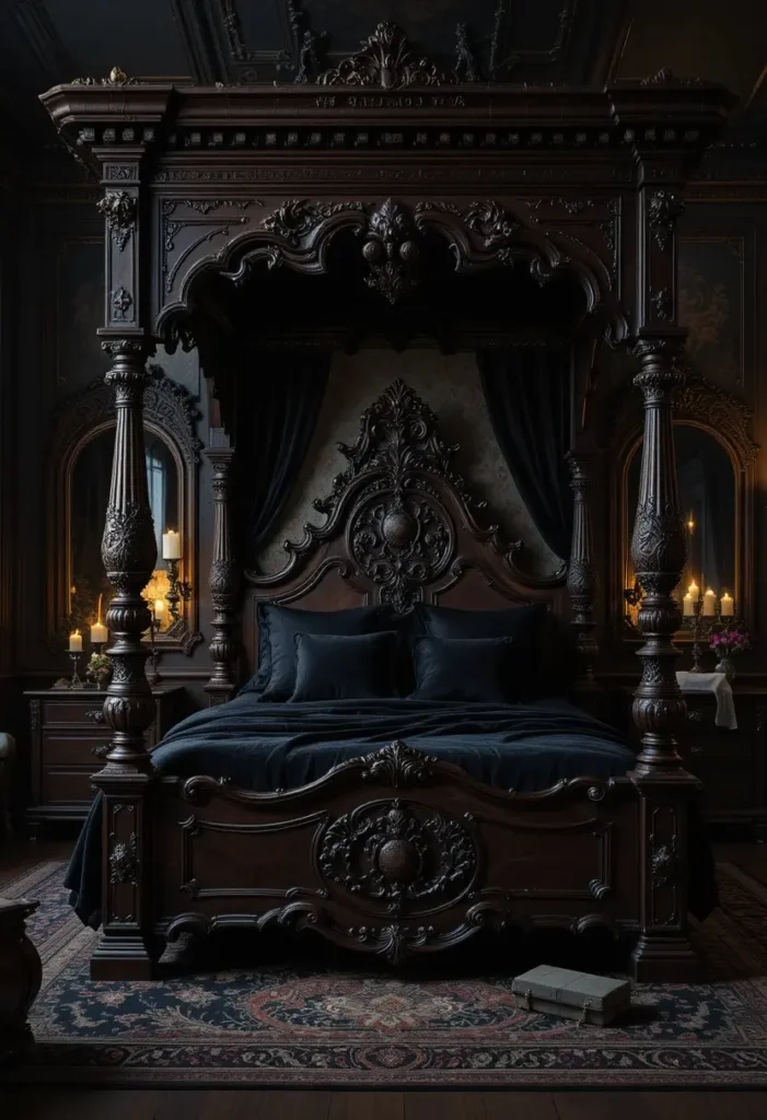 Ornate gothic canopy bed serving as the centerpiece of a vampire bedroom.