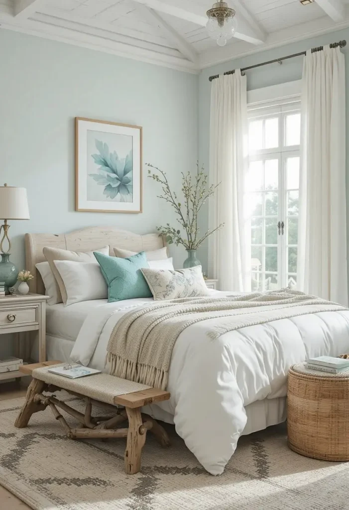 Sea glass green accents adding soft ocean-inspired color to a beach bedroom.