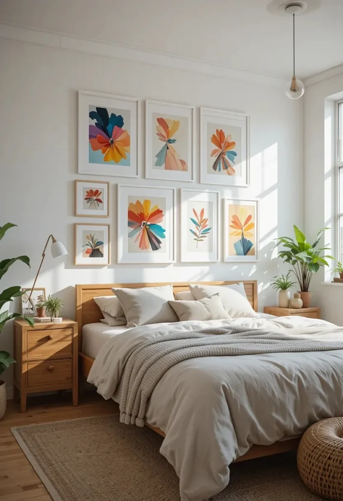 Rainbow gallery wall adding colorful artwork to a modern bedroom.