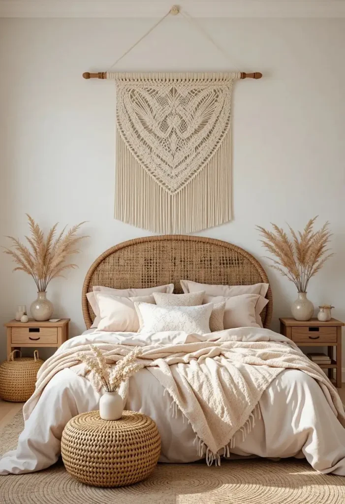 Large macramé wall hanging adding texture to a pink boho bedroom.