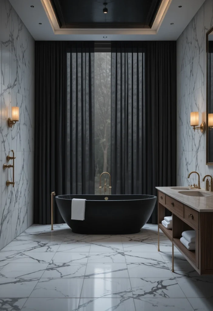 Dark blackout curtains providing complete privacy in a luxurious bathroom.