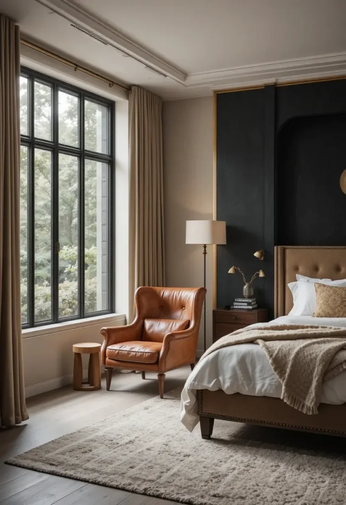 Cognac leather accent chair creating a cozy reading corner in a moody bedroom.