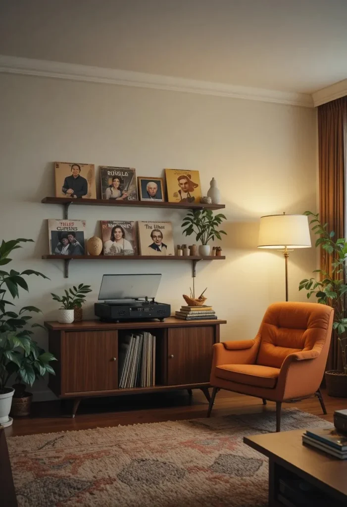Vintage record player corner creating a nostalgic focal point in a 70s living room.